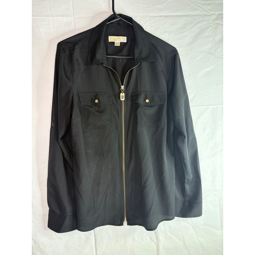 Michael Kors Black Zip Front Utility Shirt Womens Size M Roll Tab Sleeve